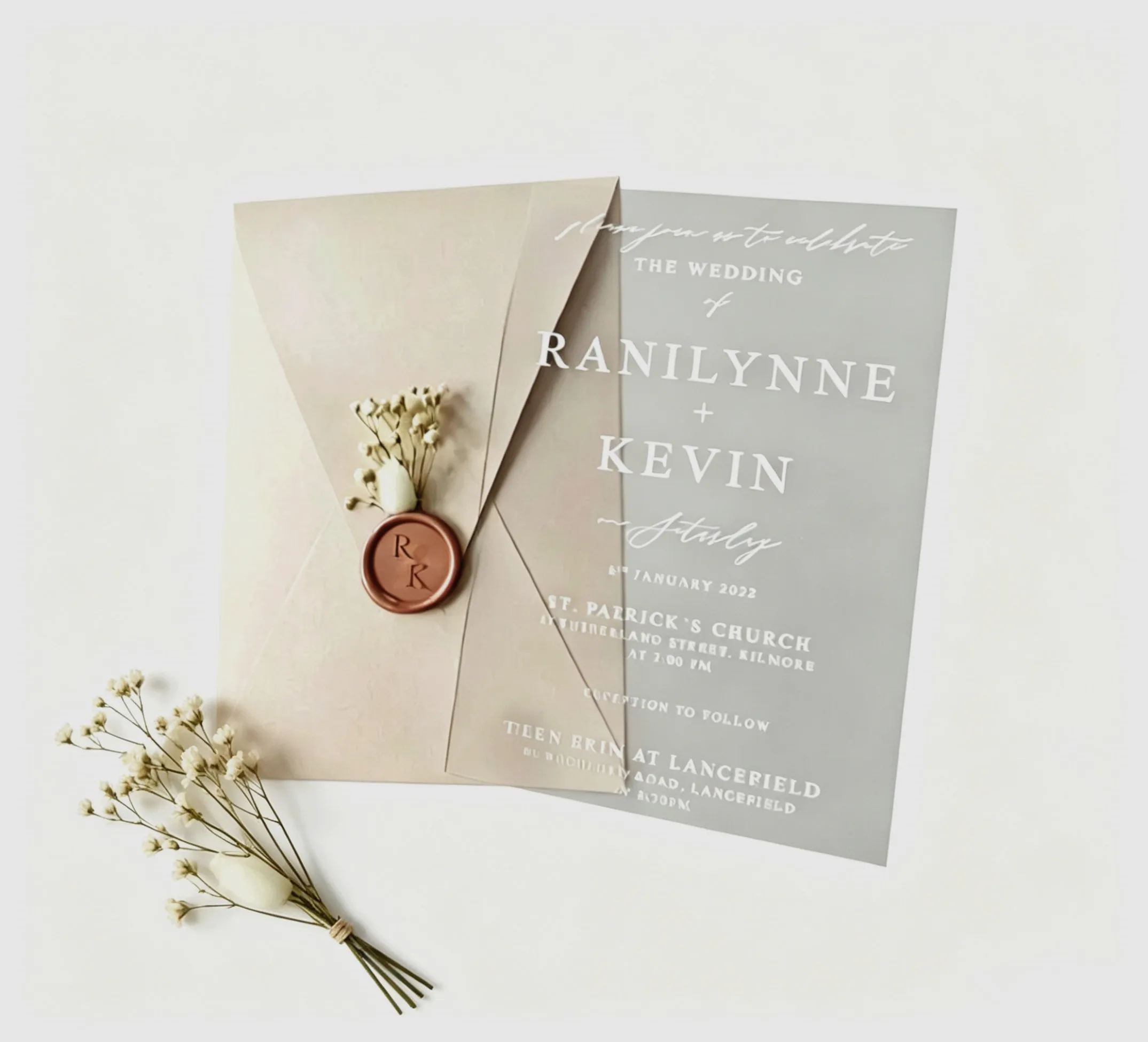 10pcs Frosted Acrylic Wedding Invitation Card with White Ink Custom Ivory Envelop Wedding Souvenir Engagement Party Invitations