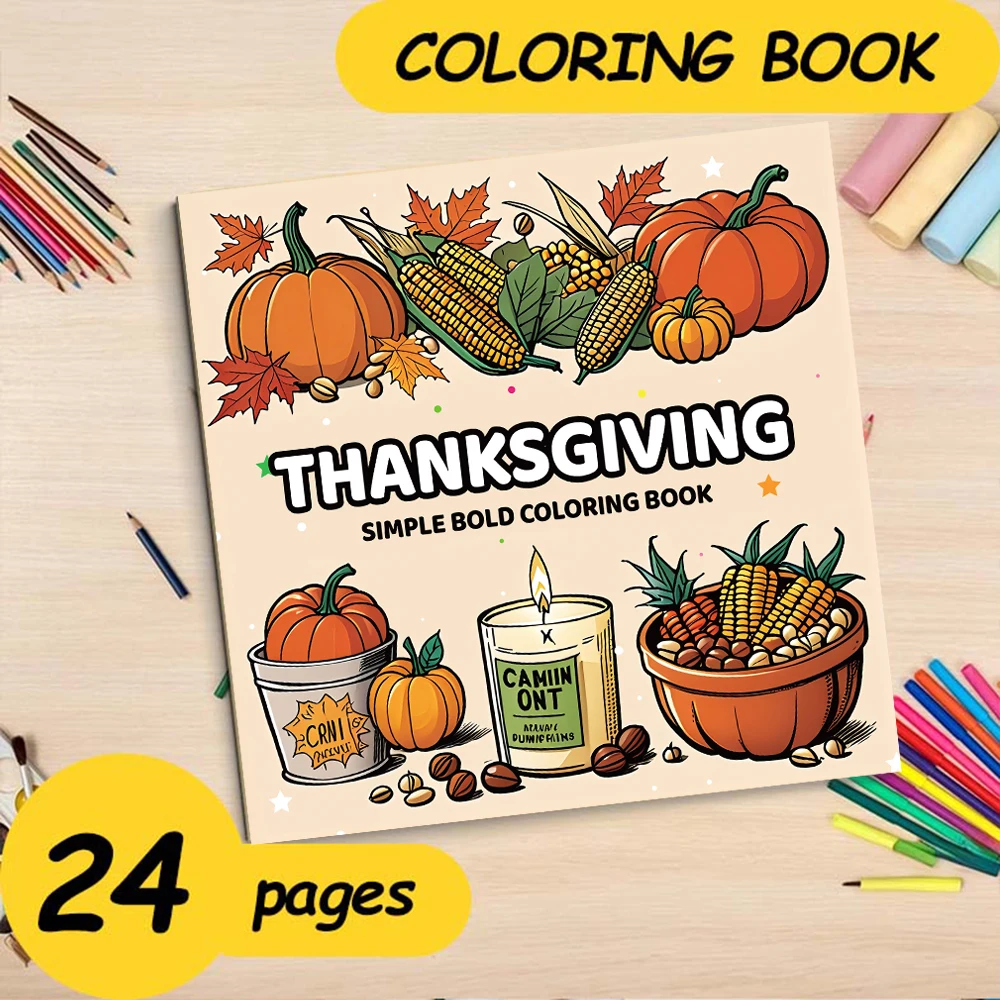 24 Page Art Coloring Book For Adults And Teens THANKSGIVING Theme SIMPLE BOLD Graffiti Painting Drawing For Relaxation Gift