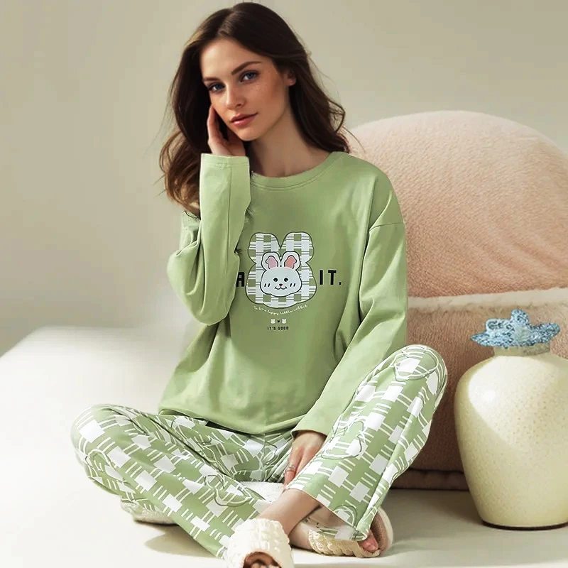 Cotton High Quality Large Size Ladies Autumn Winter Pajamas Women Pullover Long-Sleeved Cartoon School Homewear Green 2PCS/Set