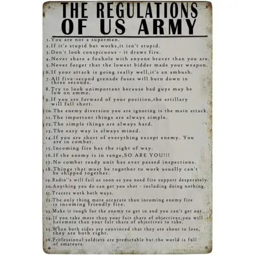 Retro Metal Tin Sign The Regulations of US Army Sign Poster Wall Decor 12x8In