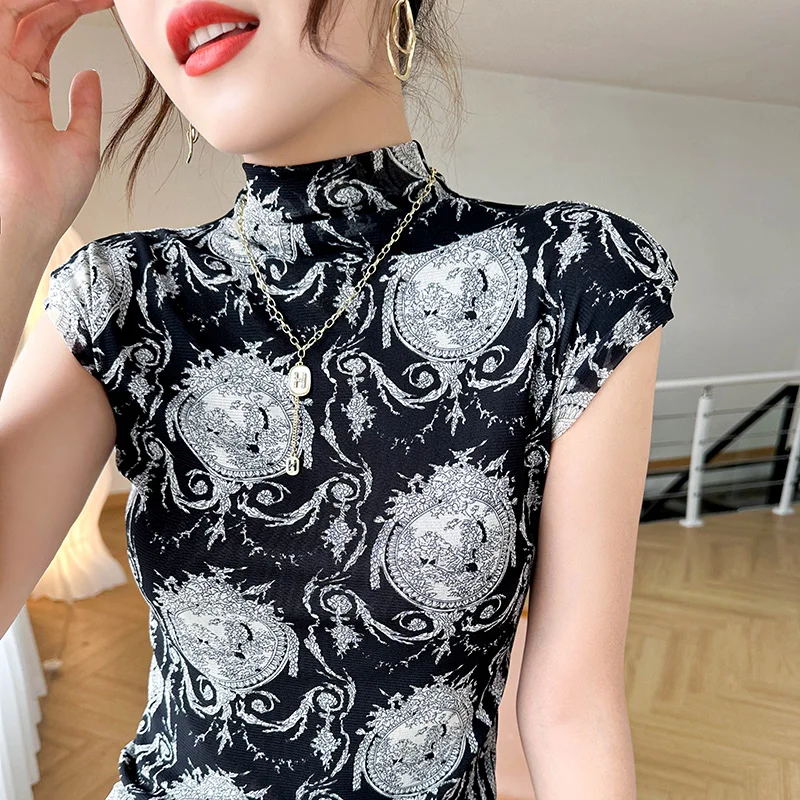 

Летняя женская футболка с высоким воротником, облегающие футболки, жаккардовый вязаный пуловер с короткими рукавами, модные универсальные топы для похудения