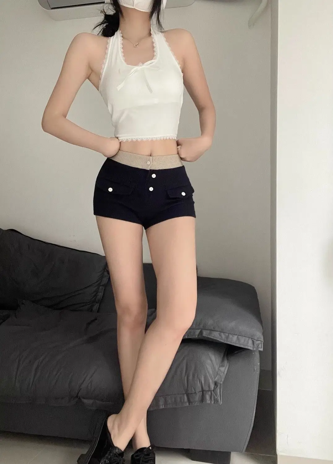 Sweet Sexy Hot Girls Waist Splicing Contrasting Color Low Waist Elastic Tight Shorts For Women Summer Sexy Long Legs Hot Pants