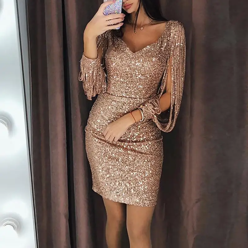 Plus-Size-Kleider für Damen, elegante, langärmlige Pailletten-Minikleider, sexy, geraffte, figurbetonte, glitzernde Cocktailparty-Kleider – Detail 10