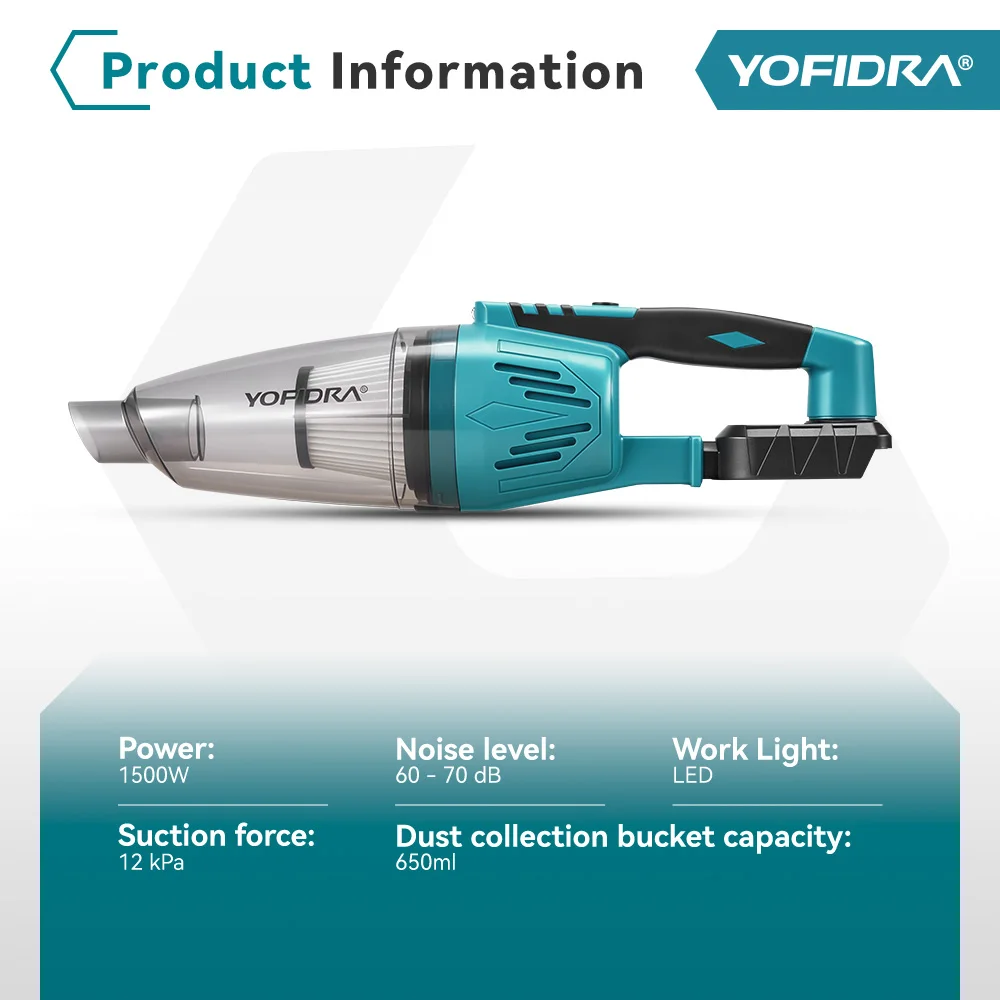 YOFIDRA 12KPA 1500W Electric Cordless Vacuum Cleaner 90°/180° Rotatable Angle Household Clean Tool For Makita 18V Battery Pin