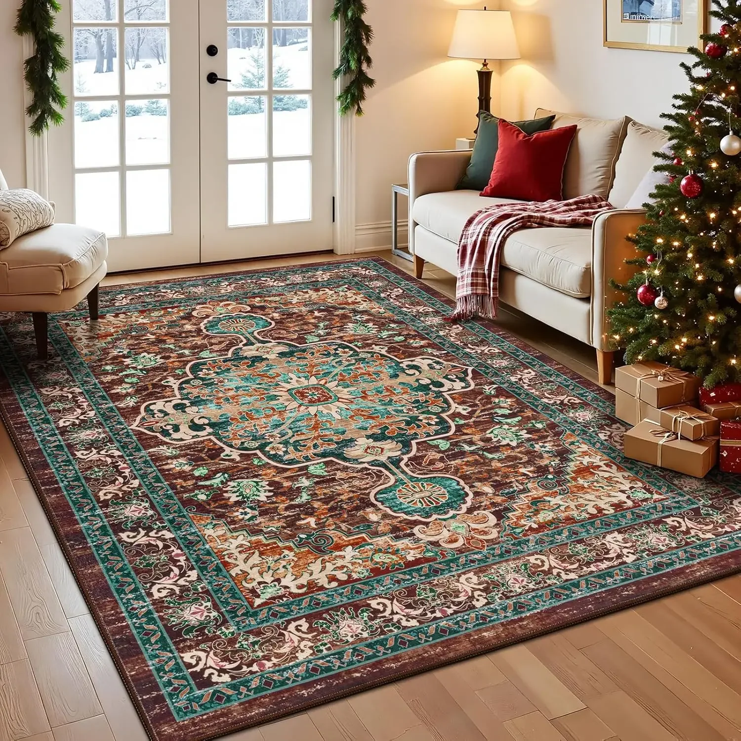 Traditional Persian Style Carpet with Flower Emblem PatternAnti Slip Carpet Living Room Bedroom Retro Oriental Design Carpet Mat
