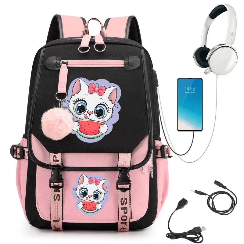 Mochila escolar de dibujos animados para adolescentes, morral escolar con estampado de gato Kawaii, morral con carga Usb