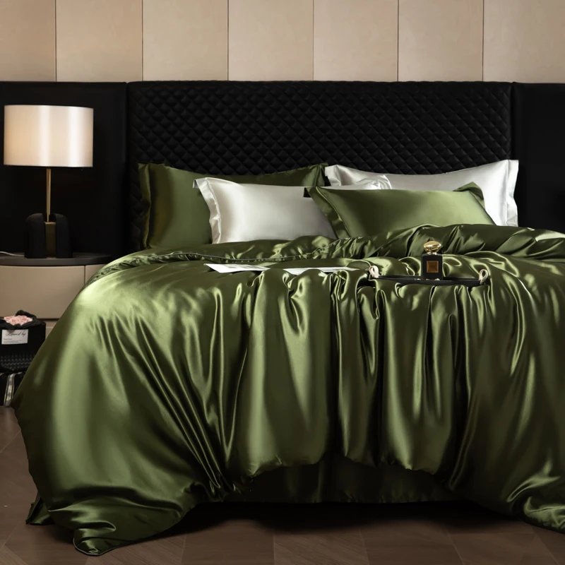 Pure 4pcs Silk Bedding Set with Duvet Cover Fitted/Flat Bed Sheet Pillowcase Bedspreads and Coverlets Single Double Bedsheet