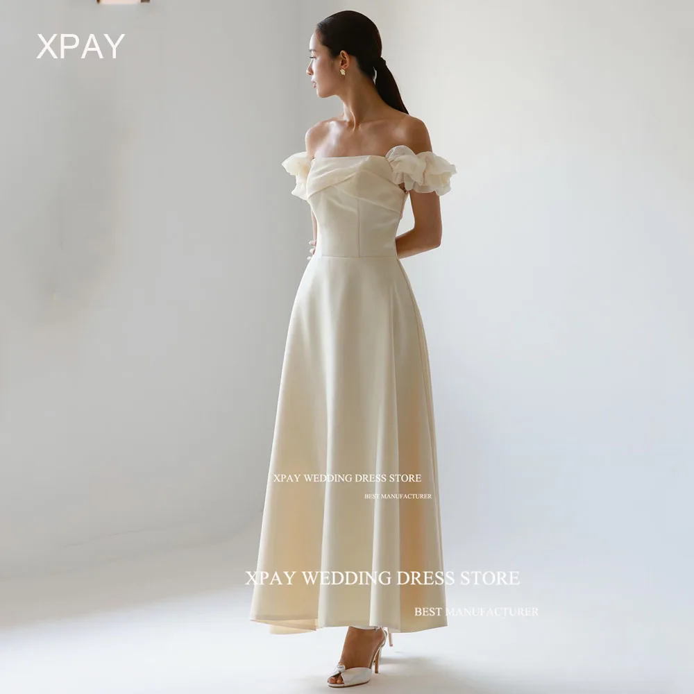 

XPAY Boat Neck Korea Wedding Dresses Off Shoulder Ruffles Back Bridal Gown Backless Floor Length Pleats Bride Dress Photo Shoot