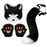 3pcs Fluffy Fur Fox Tail Keychain Cat Paws Gloves and Wolf Therian Mask Set for Halloween Cosplay Costume Accessories