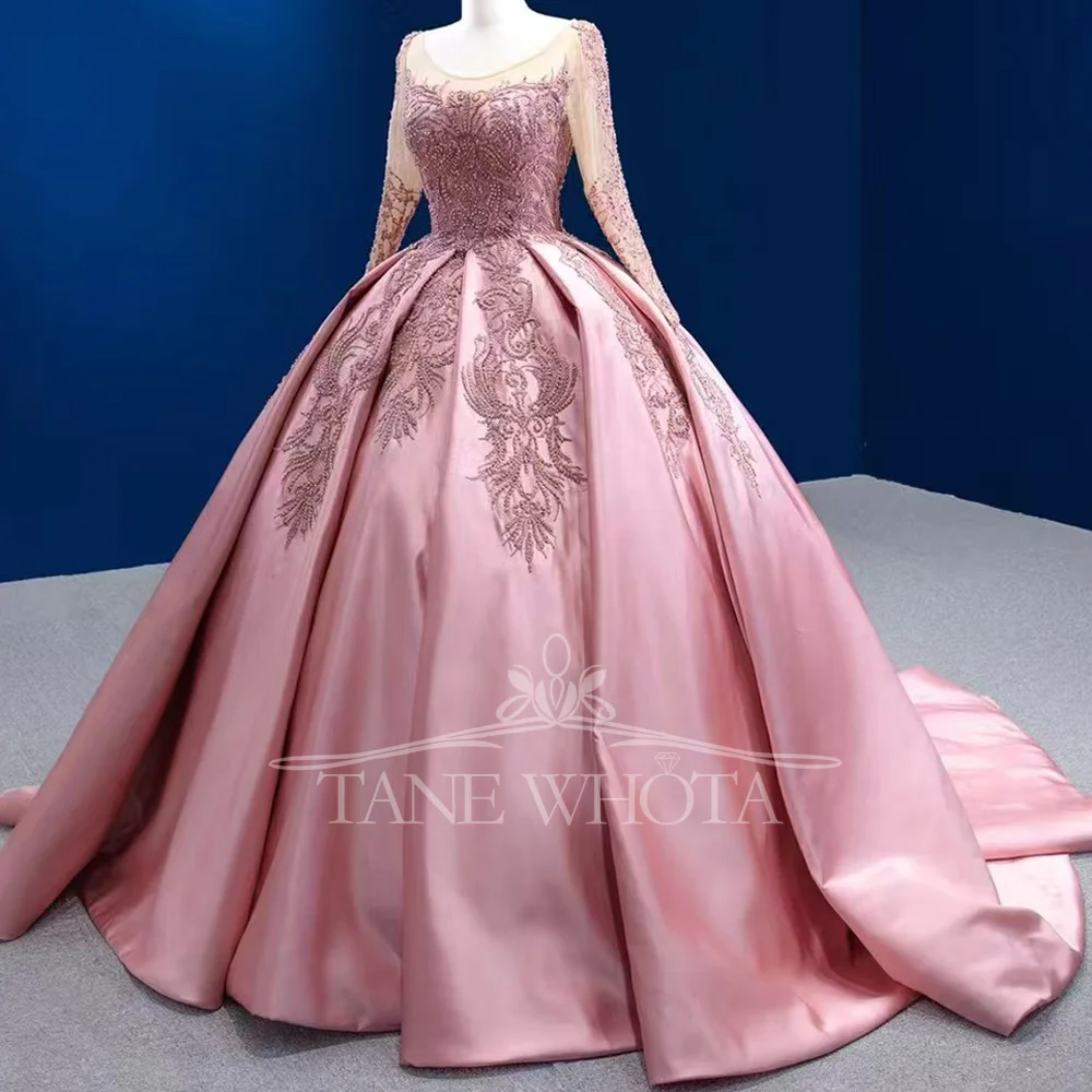 Pink O-Neck Long Sleeve Crystal Beaded Lace Up Back Prom Gown Customizable Luxury Evening Dress With Embroidery