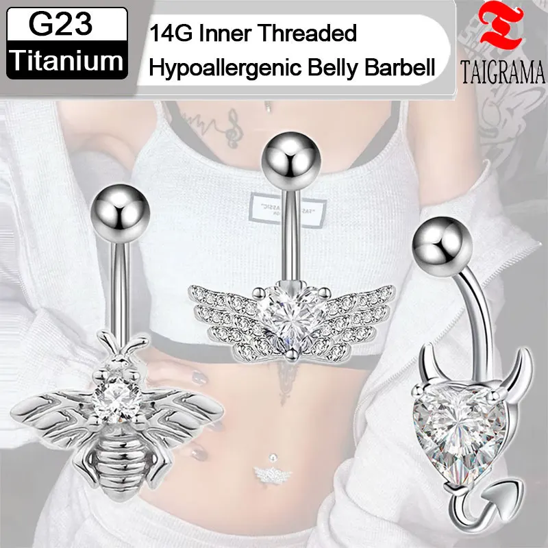 

F136 Titanium Belly Button Nail 14G Inner Threaded Hypoallergenic Belly Barbell Sexy Women Zircon Demon Navel Piercing Jewelry