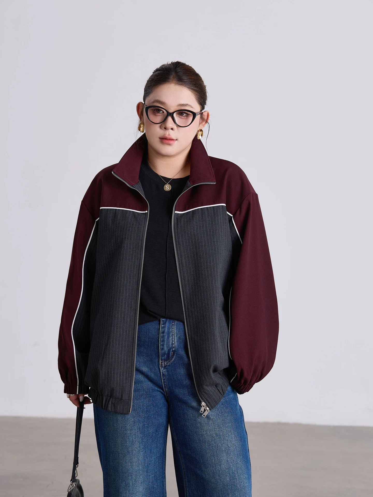 

plus Size Women's ey Stripe Color Blo Loose Jaet Spring Autumn Casual ort Coat Korean Sle Polyester Blend