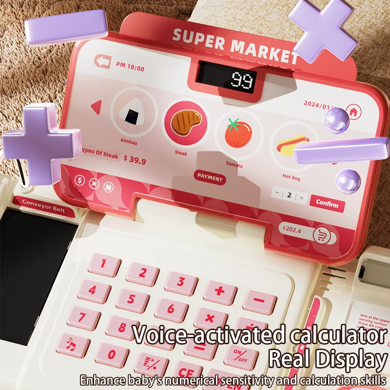 مجموعة ألعاب تسجيل المدفوعات النقدية المكونة من 51 قطعة للأطفال مع آلة حاسبة حقيقية، ماسح ضوئي، ميكروفون، مجموعة لعب كاشيير هدية واقعية للأطفال #4