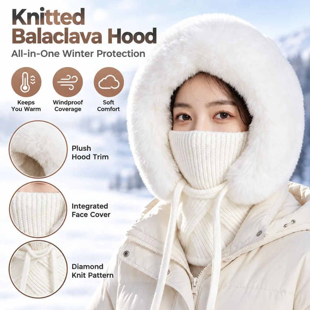 Trim Winter Thick Hat Ear Coverage Drawstring Women's Knitted Ear Protectors Scarf Diamond Pattern Warm Lining