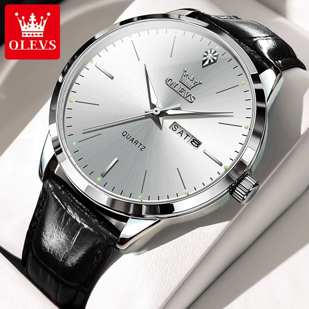 OLEVS 2935 Fashion Top Brand Quartz Watch For Men 43mm Big Dial Leather Wristwatch Dual Calendar