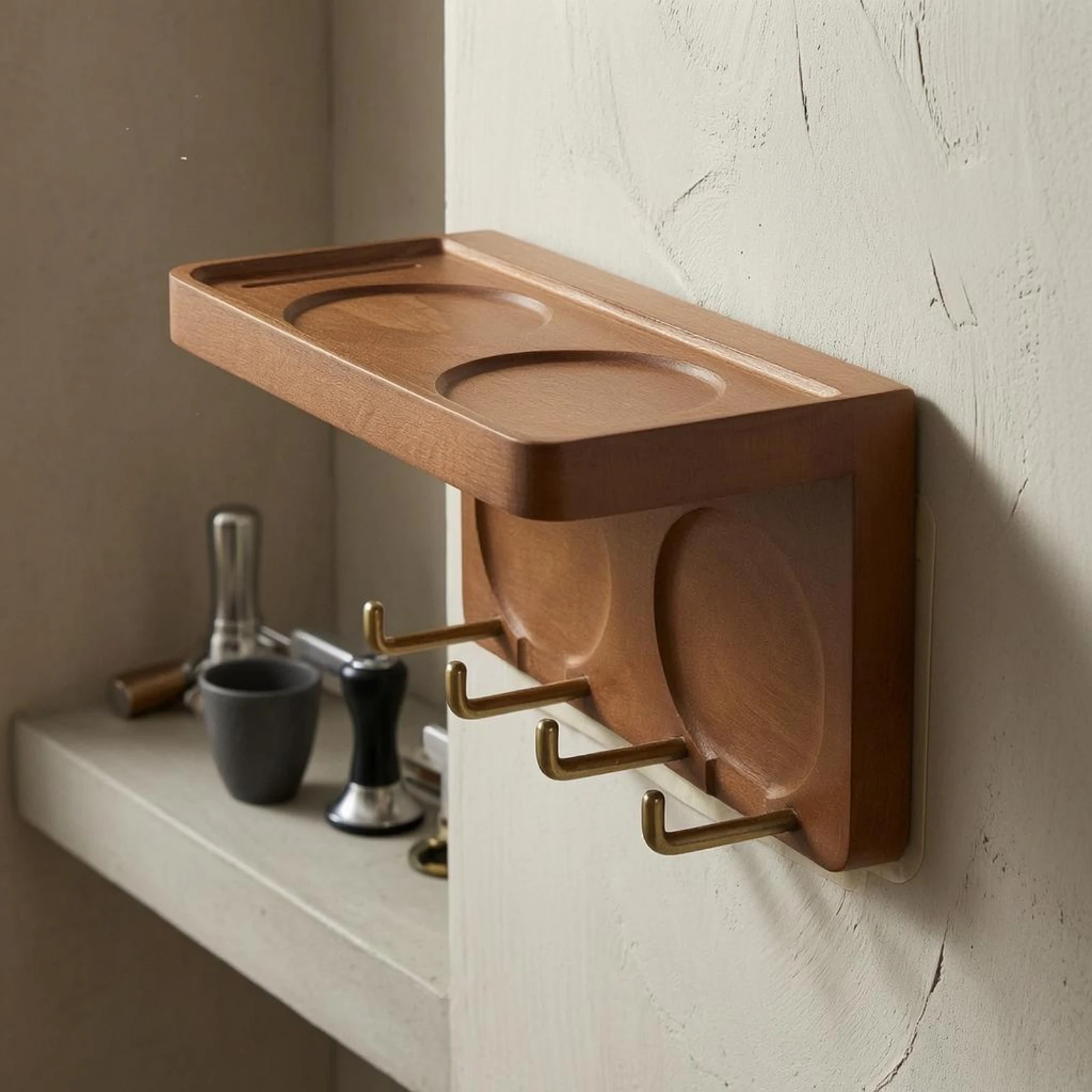 Coffee Tool Rack Metal Hooks Espresso Tool Organizer Wall Mounted Coffee Rack Wooden Wall Mounted Espresso Holder Sturdy