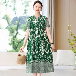 Elegant V-Neck Printed Pockets Loose Folds Vintage Dress Women's Clothing Summer New Oversized Office Lady Floral Dress