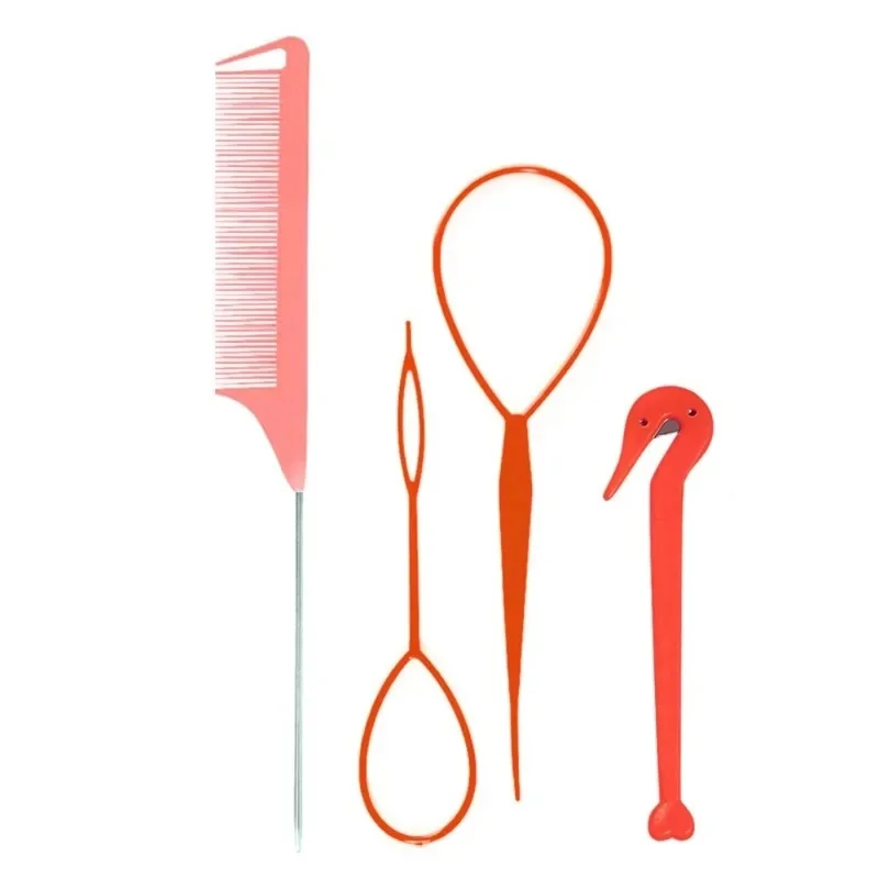 4pcs/set Loop Elastic Hair Bands French Braid Tool Mouse Tail Comb Metal Pin Tail Hair Knitting Tools Pointed Tail Comb
