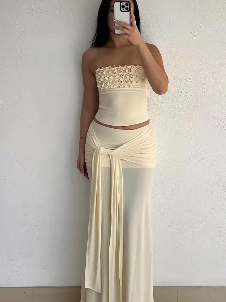 

HH летний женский комплект из 2 предметов, модный сексуальный короткий топ без рукавов с открытой спиной и боковой молнией + шикарный однотонный дизайн с морщинами, длинная юбка