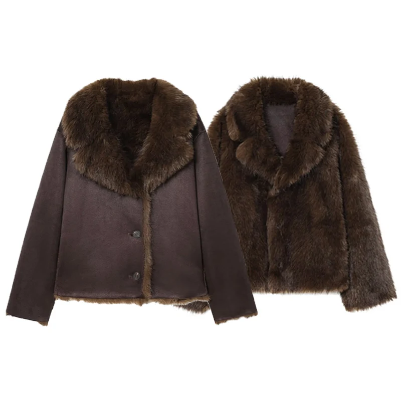 معطف نسائي من الفرو الصناعي موضة خريف وشتاء 2025 معطف بني بأكمام طويلة قابل للعكس للنساء معطف أنيق غير رسمي للسيدات