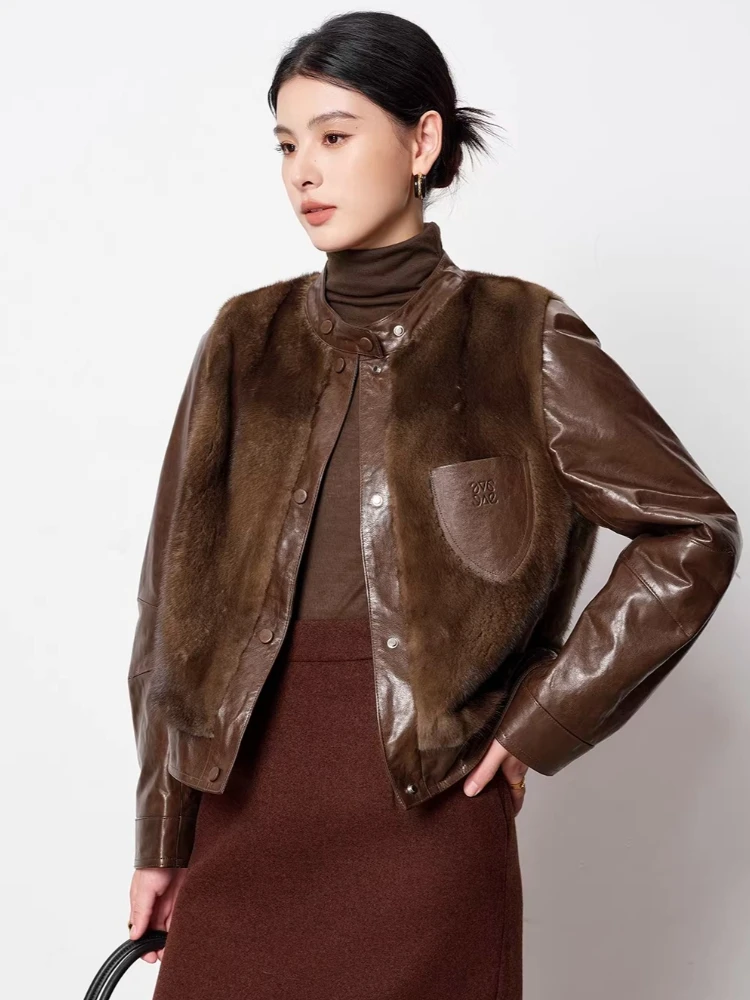 Chaquetas Casuales Cortas de Plumas de Ganso y Cuero Genuino para Mujer, Invierno 2026, Abrigo de Plumón de Piel de Oveja Real con Pelo de Visón Natural, Diseño Simple y de Alta Gama