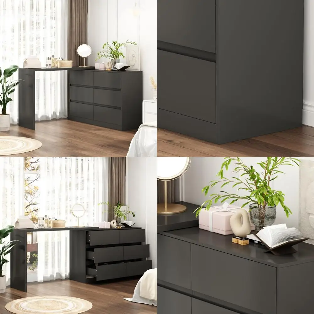 L-Shaped Dressing Table with 6 Drawers, Extendable Vanity Desk and Dresser Combo, Wood Vanity Dresser Makeup Desk, Wide Desktop