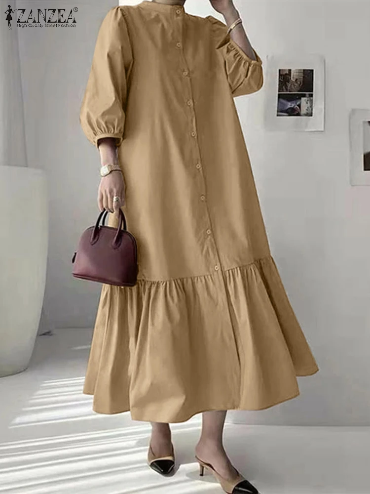 ZANZEA Puff Sleeve Elegant Maxi Dress 2025 Spring Solid Ruffled Hem Women Vestidos Stylish Loose Casual Stand Collar Shirt Dress