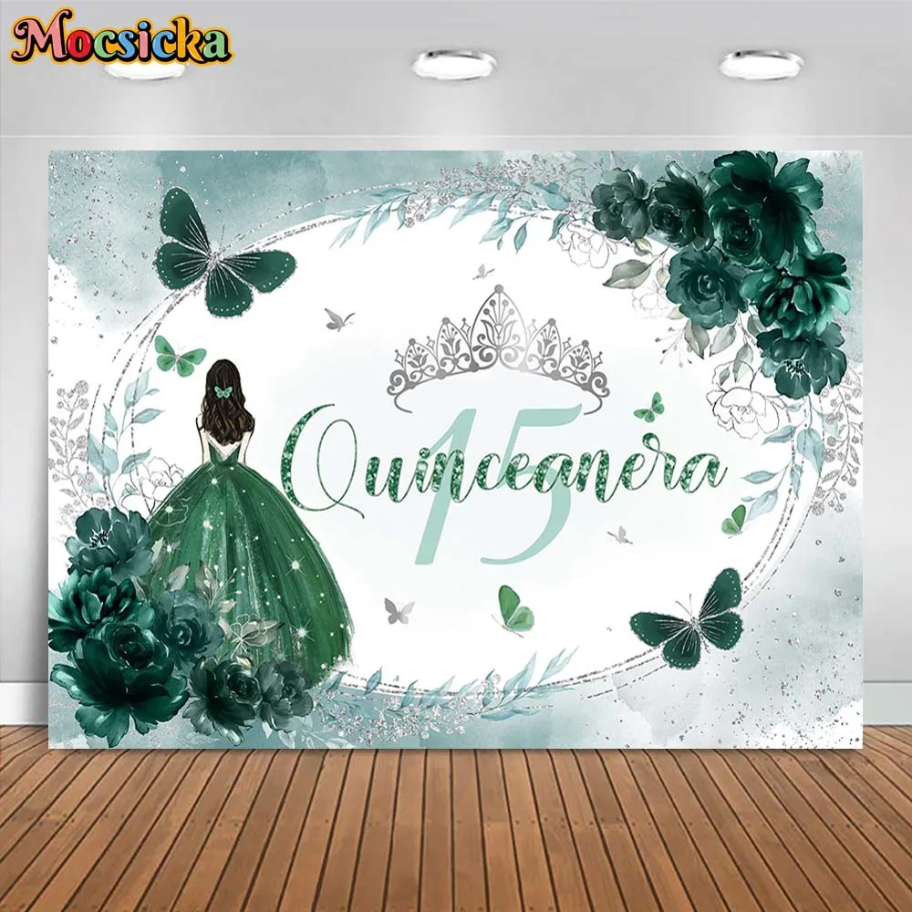 

Mocsicka Quinceañera 15th Birthday Backdrop Girl Princess Dress-up Crown Fifteen Birthday Party Photo Background Decor Photocall