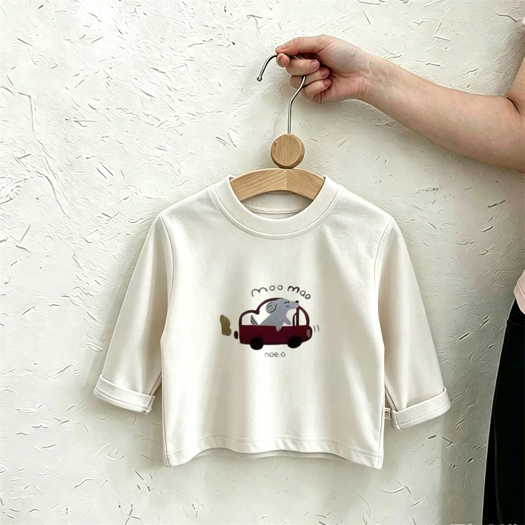 Yellow Long-sleeved Tshirt Casual Loose Round Neck Base Shirt Pure Cotton Clothing Baby Boys Girls Spring Summer Thin Clothes