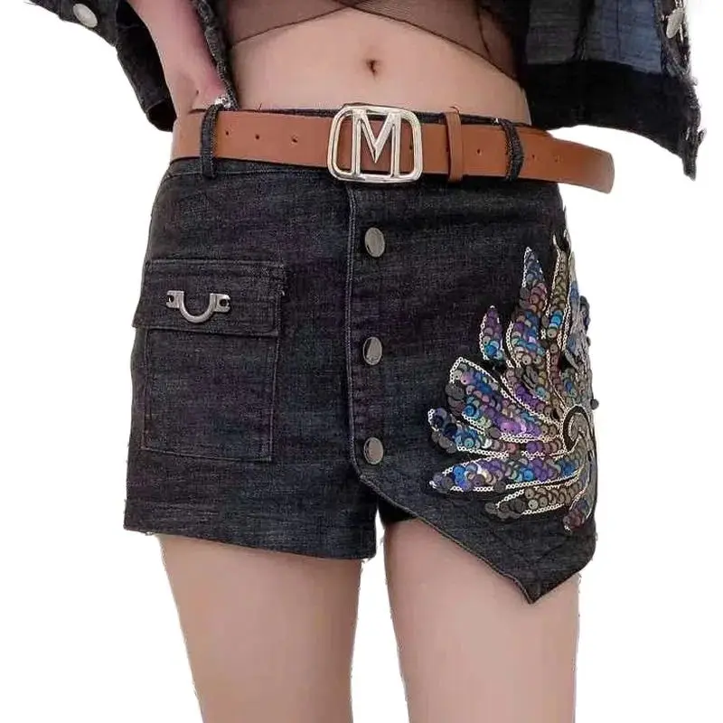 Fashion Sequin Denim Short Skirt Women Spring/Summer 2024 New Korean High Waist Slim Irregular Sexy Hot Pants White Black Casual