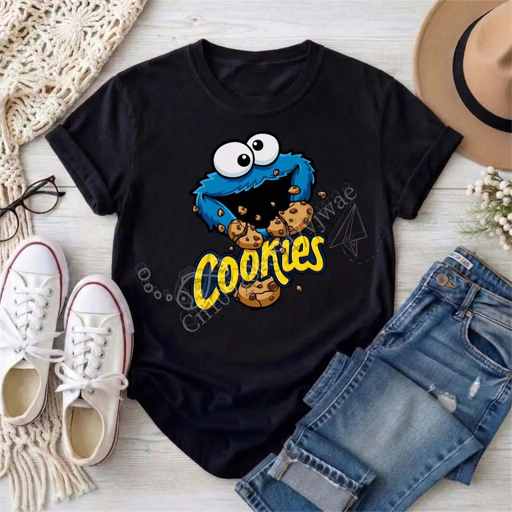Funny Cookie Lover Monster Shirt Birthday Party Cute Snack Lover Gift Sesame Street Graphic Short Sleeved Summer Women'S T-Shirt