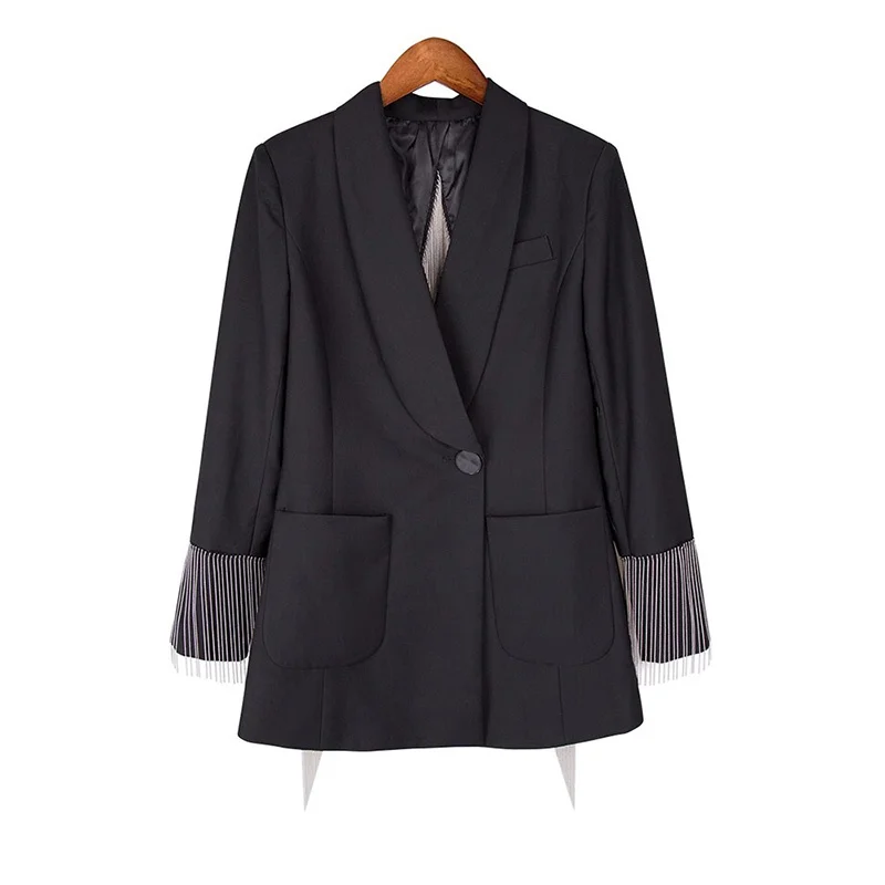 Hollow Out Back Split Design Chain Tassel Black Short Blazers Women Spring New Slim Single Button Long Sleeve Lapel Suit Jacket