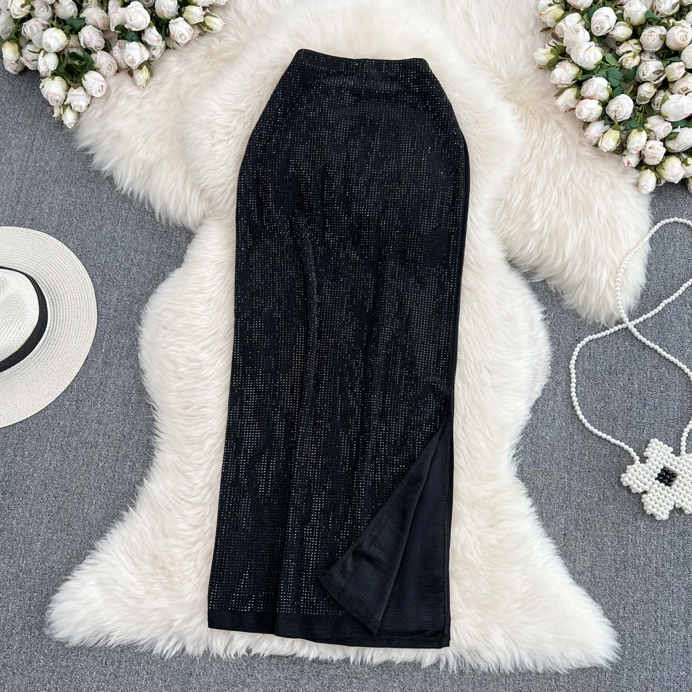 

Faionable High Waist Mid-Length A-Line Skirt with Side Slit And Rhinestone Embelliment Slimming Design Commute Sle