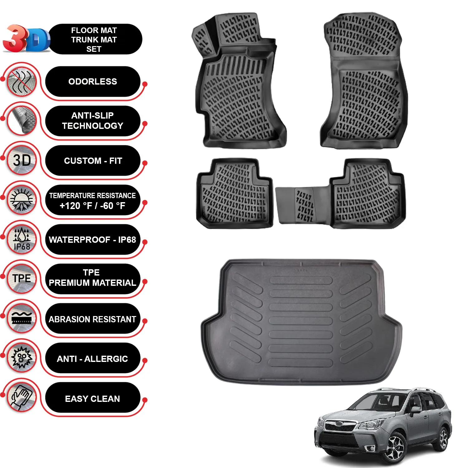 Subaru Forester - (2013-2018) - Floor Mats + Cargo Trunk Liner - SET - (Black)