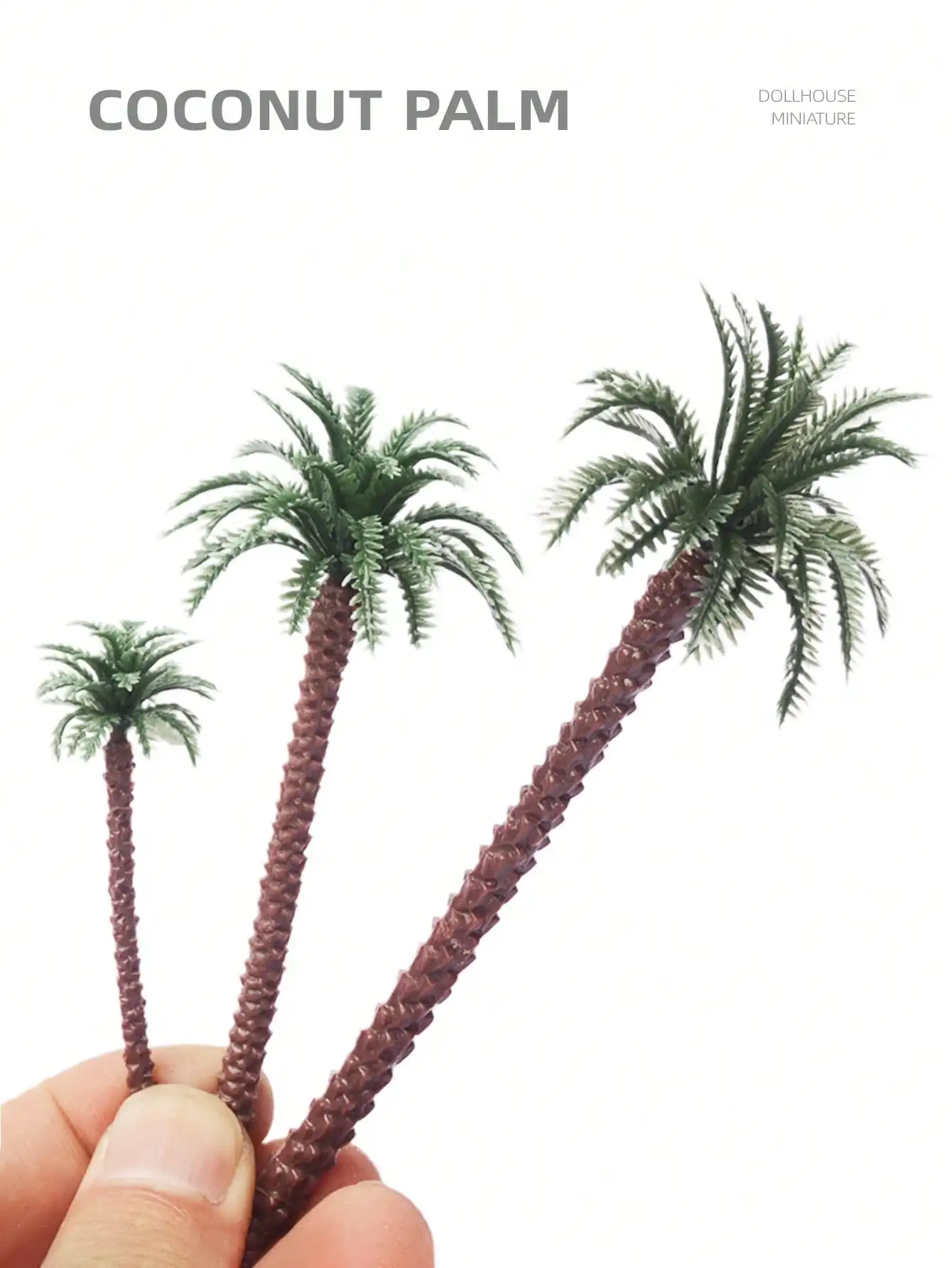 5 Stück Puppenhaus-Miniatur-Sommerstrand-Kokospalmen: Mini-Simulationspflanzenmodelle im Maßstab 1:150, DIY-Dekorationsornamente für Gärten