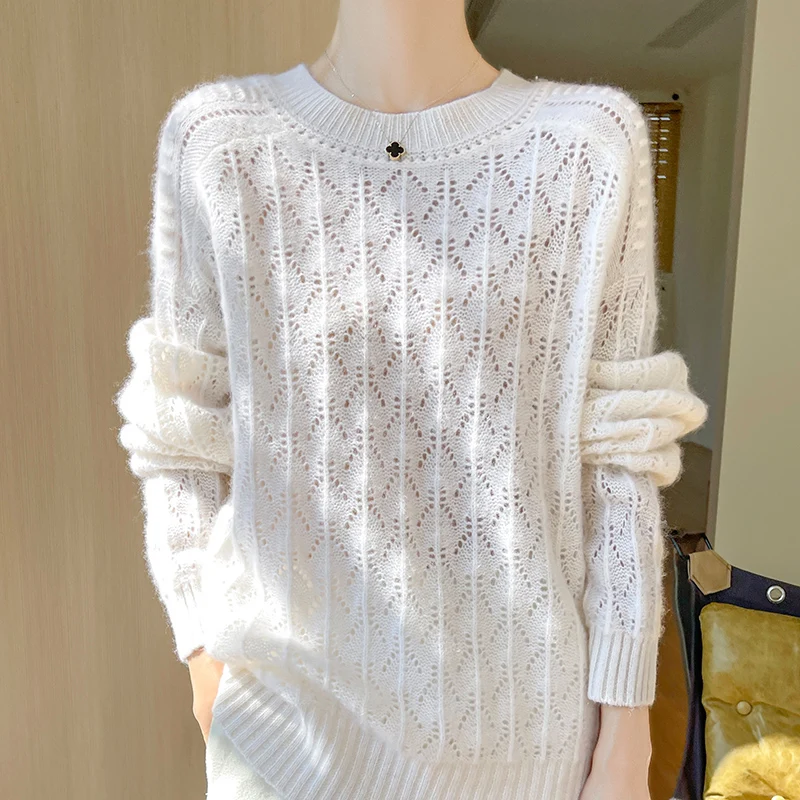 

New Autumn Winter Fashion Round Neck Hollow Out Sweater Women 100% Cashmere Loose Long-Sleeve Soft Knitted Pullover Shirt Tops