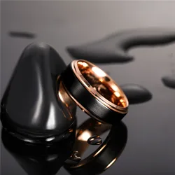 Tigrade Tungsten Carbide Ring 6/8mm Men Women Wedding Band Black Brushed Cut Edge Rose Gold Inside Luxury Unisex Couple Ring