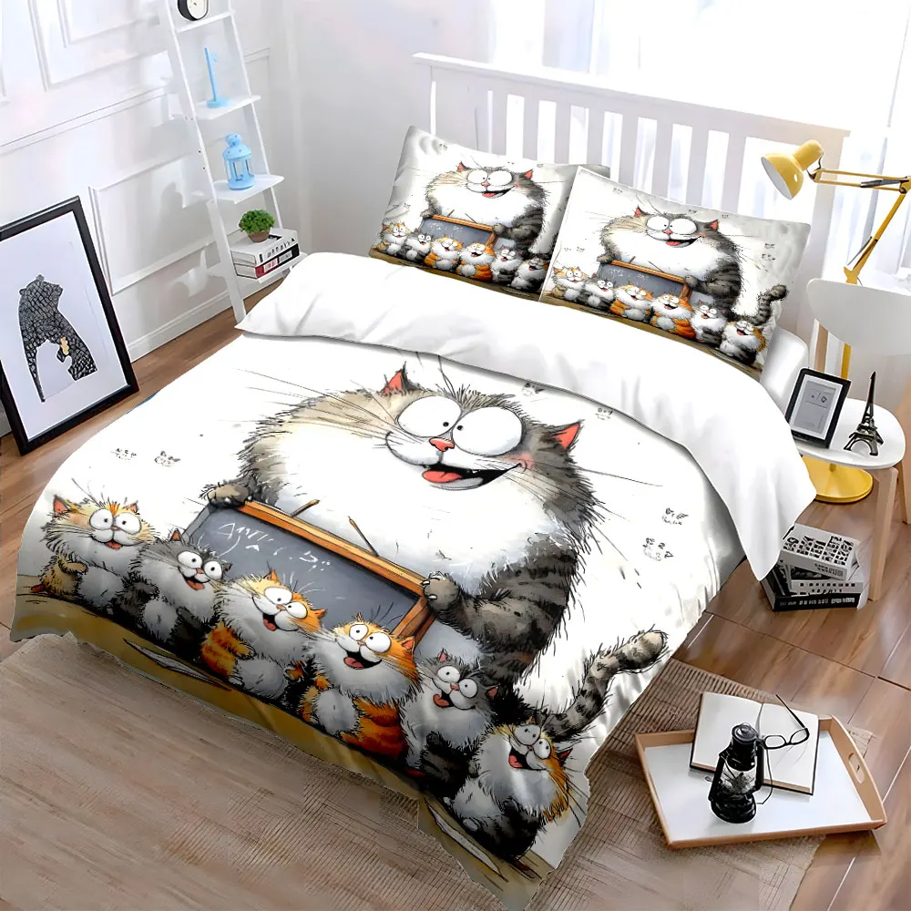 Cheerful Cat Classroom Teaching Print Bedding Set 1 Duvet Cover 2 Pillowcases for Adult and Children Luxury Gift Full Size