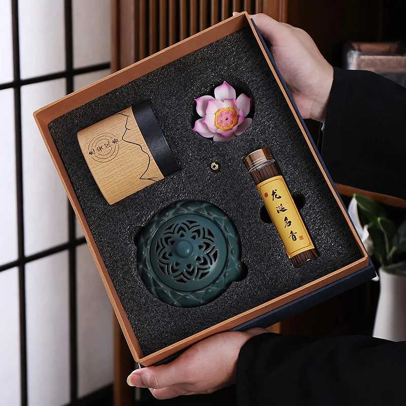 Incense Gift Box Set Ceramic Lotus/three-legged Aromatherapy Stove Home Study Reading Yoga Meditation Soothing Purification
