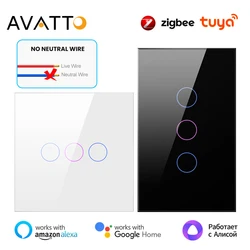 AVATTO Zigbee No Neutral Wire Required，No Capacitor Switch，US/EU Tuya Smart 1/2/3 Gang Light Touch Switch For Alexa Google Home