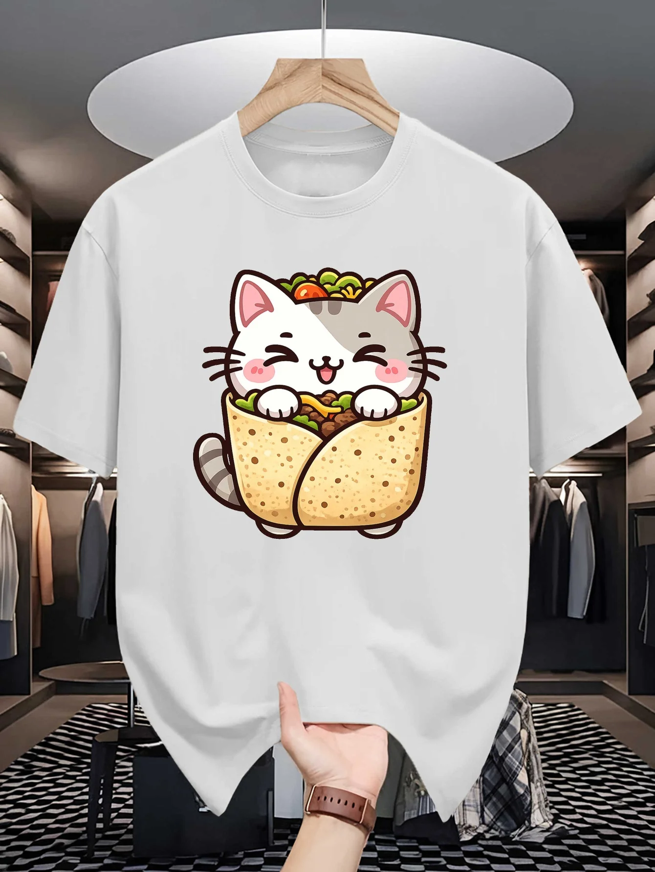 Cute Cat Burrito Graphic Mens Crew Neck T Shirt Kitten In Tortilla Soft Light Casual Summer Street Tee For Food Pet Cat Lovers