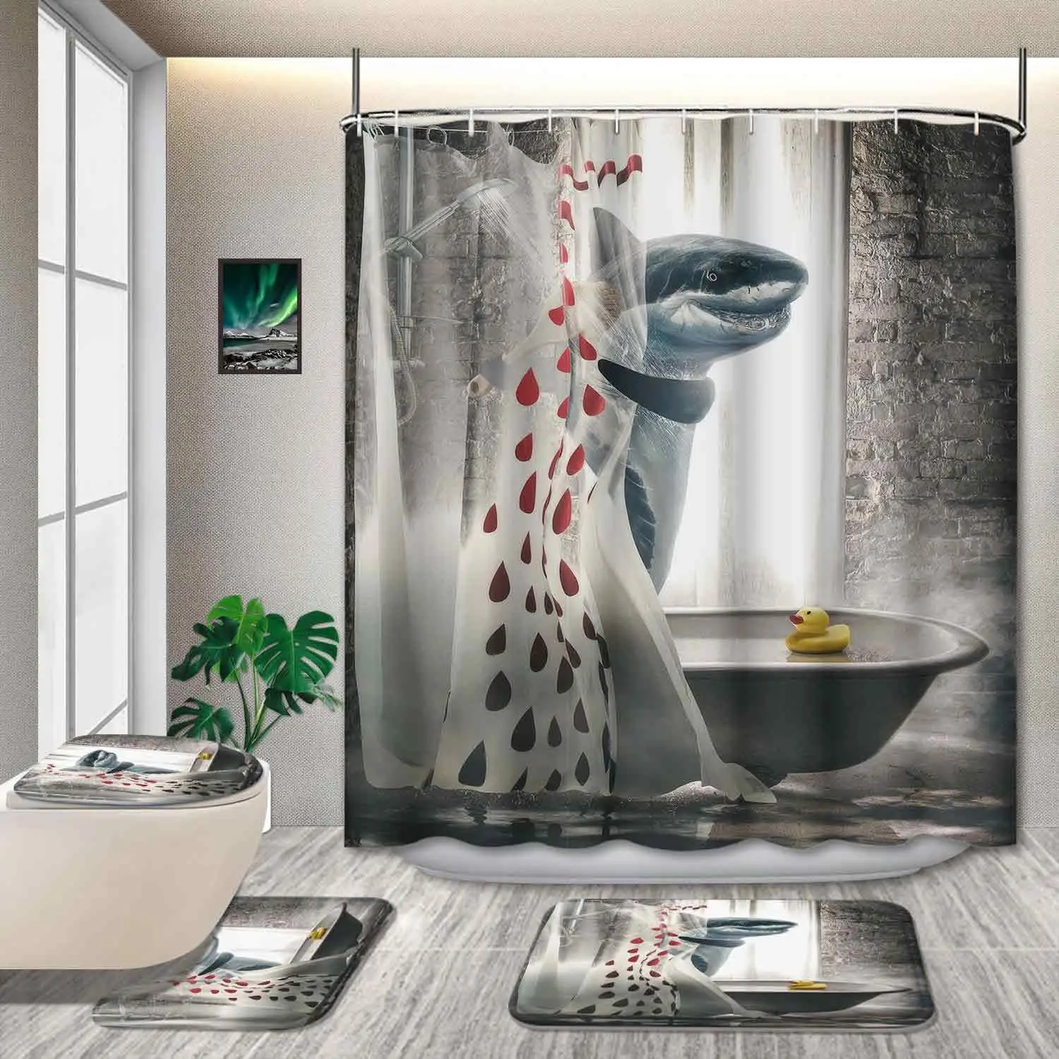 

4 шт. Забавный костюм с занавеской для душа в виде акулы, крутые животные с нескользящим ковром и 12 крючками, забавный декор для ванной комнаты