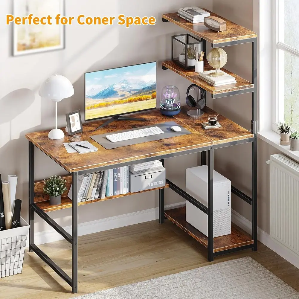 مكتب منزلي كبير حديث 43.3 مع مساحة تخزين من 4 طبقات، وطاولة كمبيوتر للدراسة والكتابة مع رف الكتب ورف البرج #6