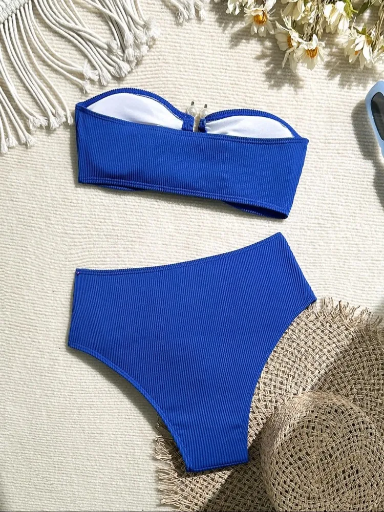 2025 Nowy Damski Seksowny Pomarańczowy Bandeau Metalowy U Drut Push Up Pas Wysoki Stan Bikini Dwuczęściowy Strój Kąpielowy Plaża Wakacje stroje plażowe