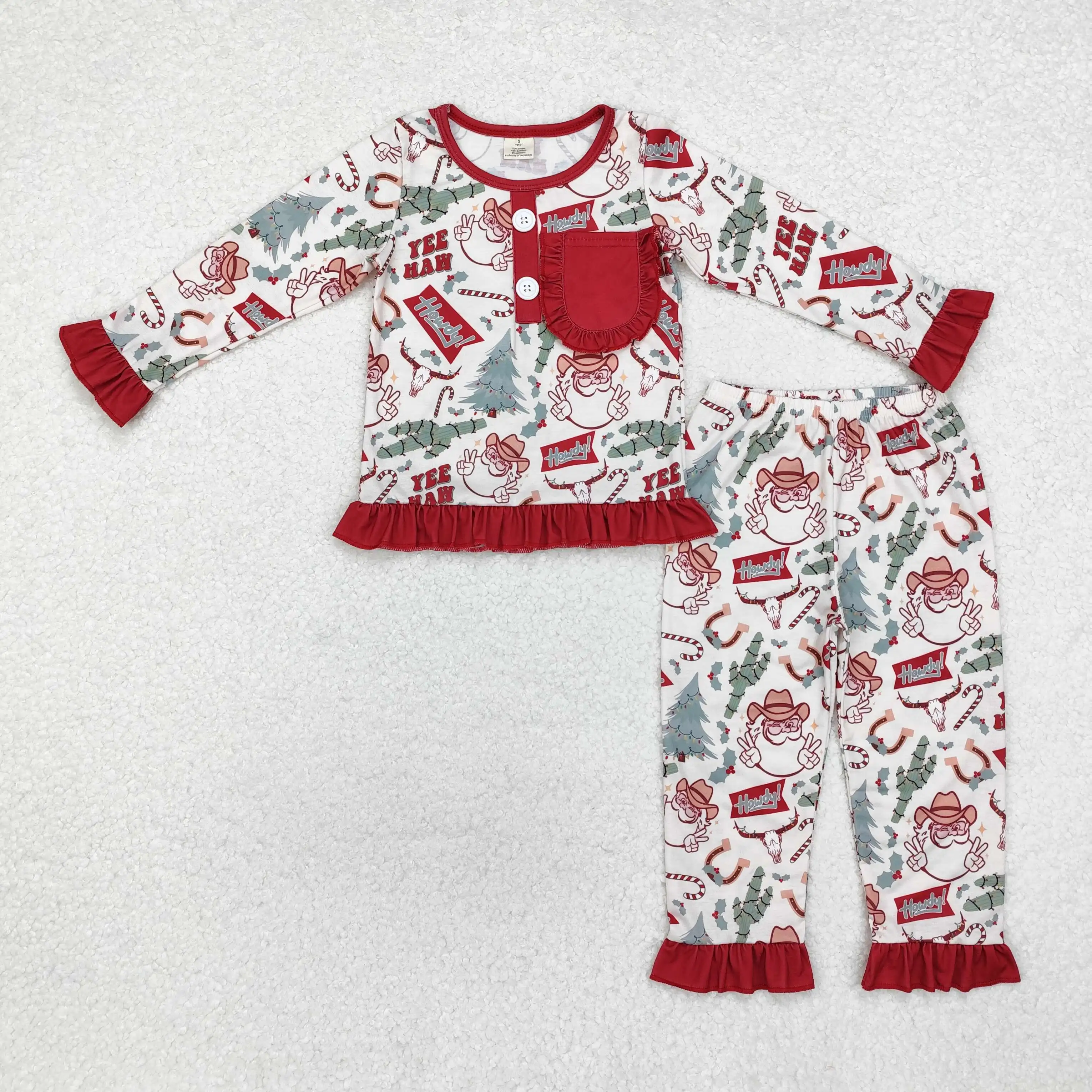 

new rts infant girls christmas western style pajama set wholesale boutique santa claus cactus pattern girls sleepwear clothing