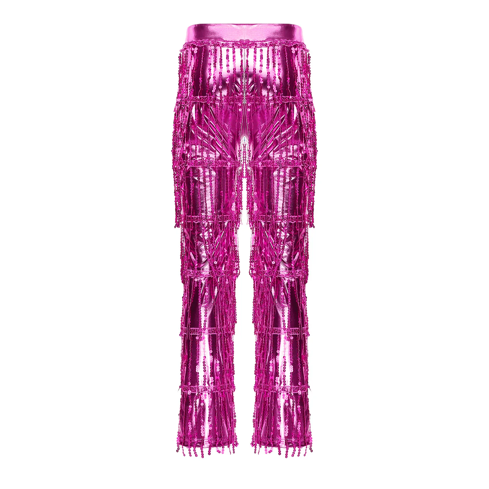 エレガントな女性タンゴサルサ 70 年代ディスコダンスパンツティアードスパンコールタッセルカラーブロッキングメタリックロングパンツズボンラテンダンスウェア