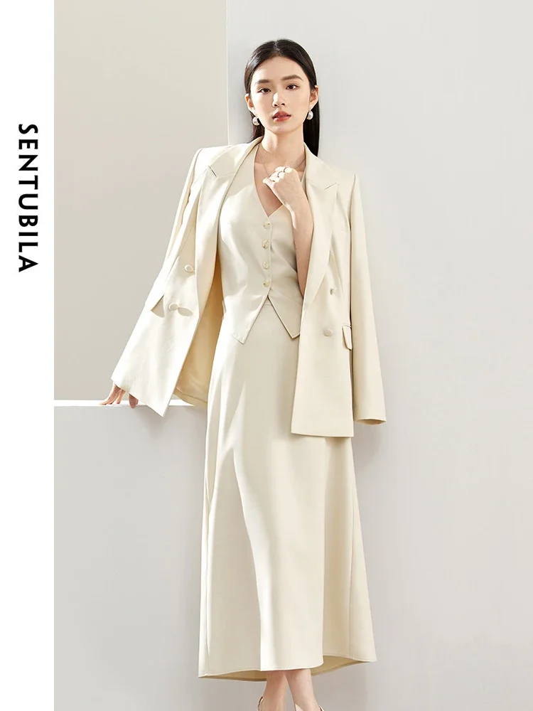 SENTUBILA 3 Piece Blazer Skirt Suit Women Work Office Outfit 2024 Autumn Elegant Waistcoat Maxi Skirt Matching Set 141Z52979