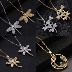 Fashion Dragonfly Butterfly Zircon Pendant Necklace Stainless Steel Geometric Choker Jewelry Party Gifts For Women Girls