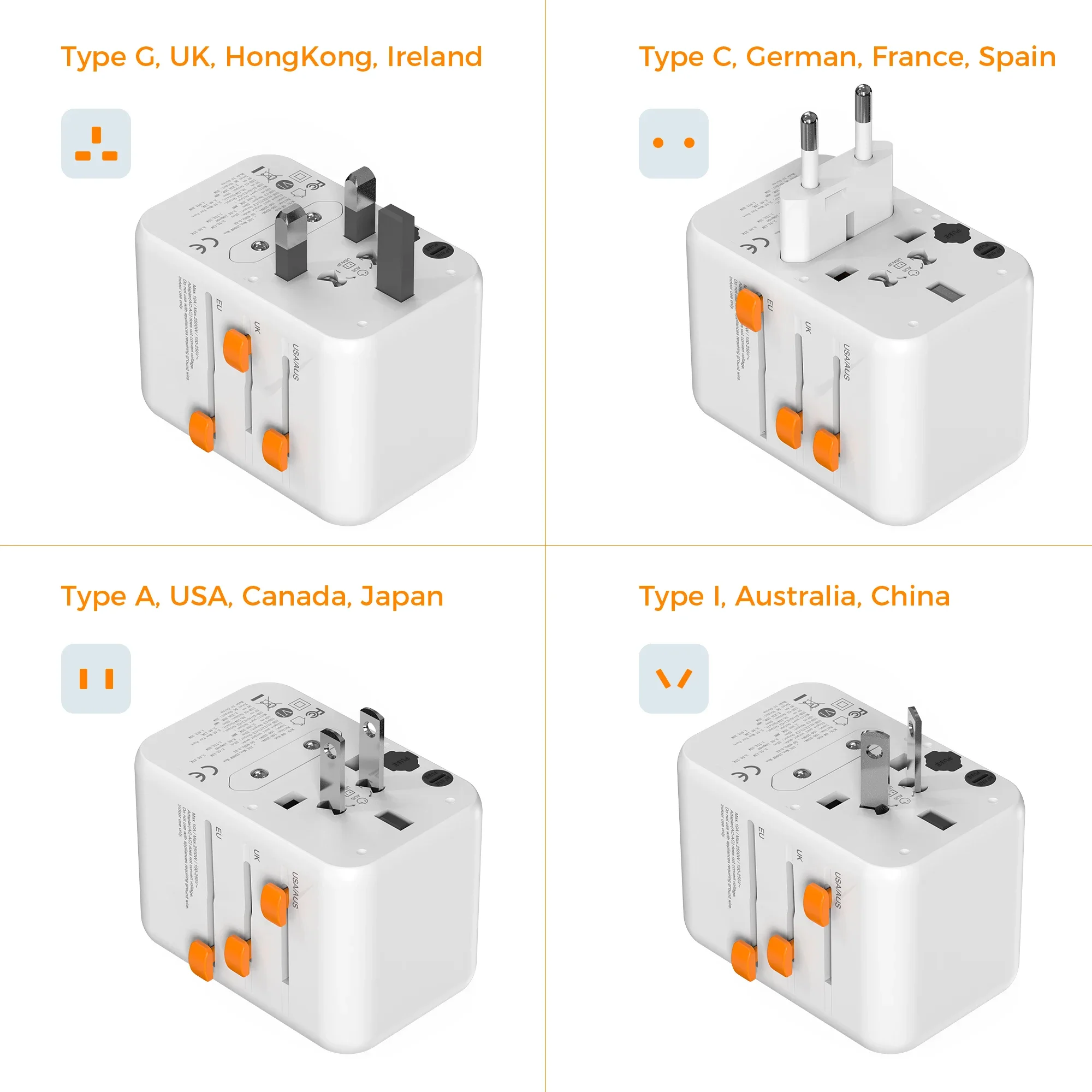 TESSAN 65W Charger Universal Travel Plug Adapter with 2 USB Ports Type C Fast Charging Power Adapter EU/UK/USA/AUS Plug Adapter