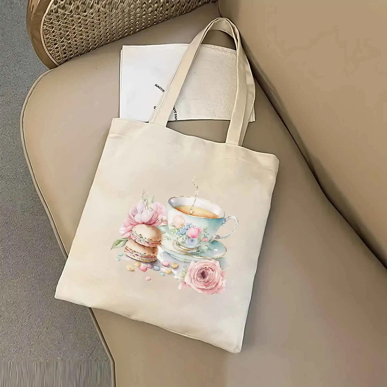 

Shoulder Bag Fashion European Style Flower Coffee Cup Pattern Canvas Tote Bag Women Shopping Bag Student Female Reusable Handbag